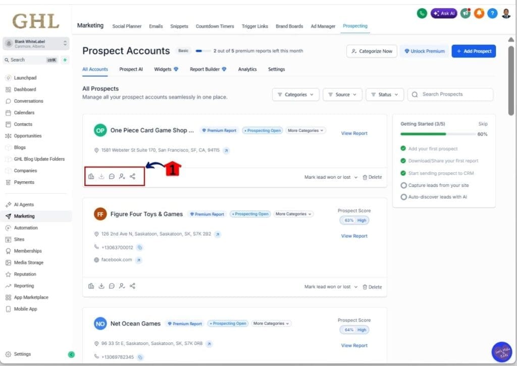 GoHighLevel local lead generation - Check the quick action buttons for the prospect account