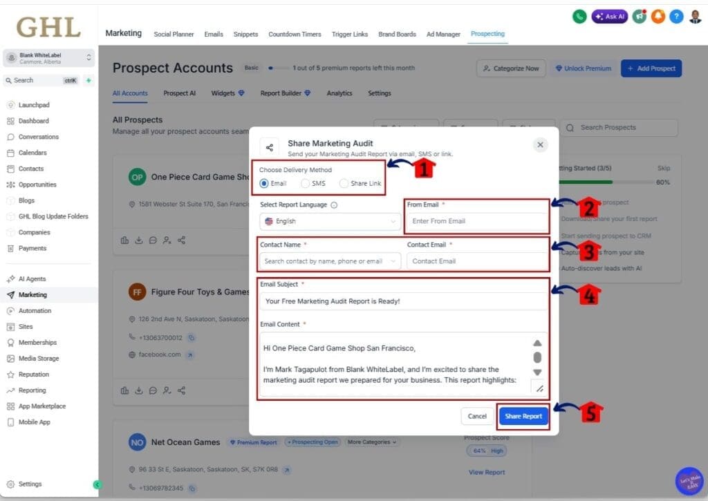 Local lead generation - Send and share your proposal and the prospect's Marketing Audit Report