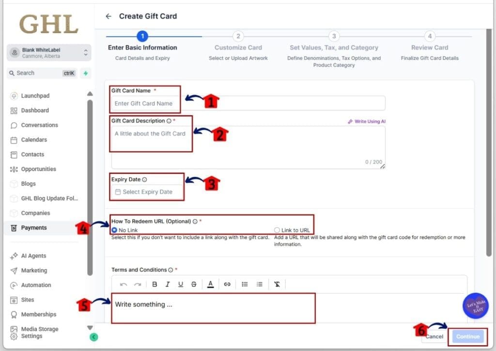 GHL Sell Gift Cards - Access the Create Gift Card button
