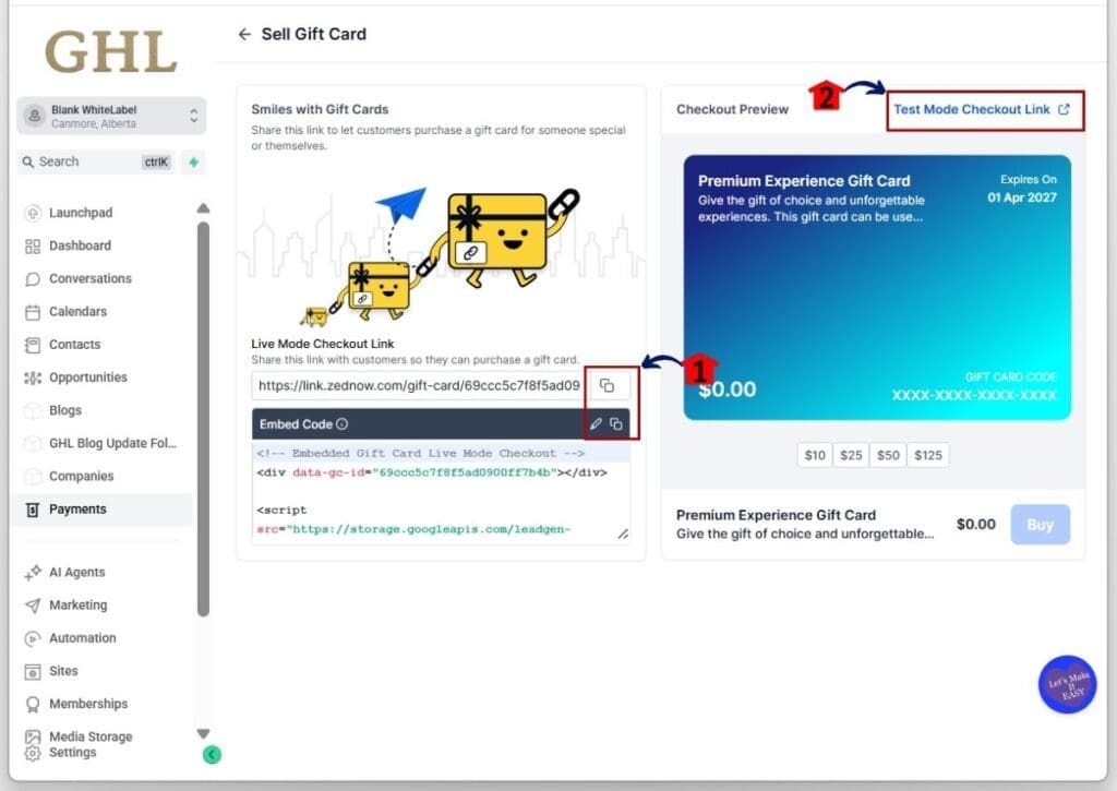 Sell Gift Cards - Copy Checkout Link and Embed
