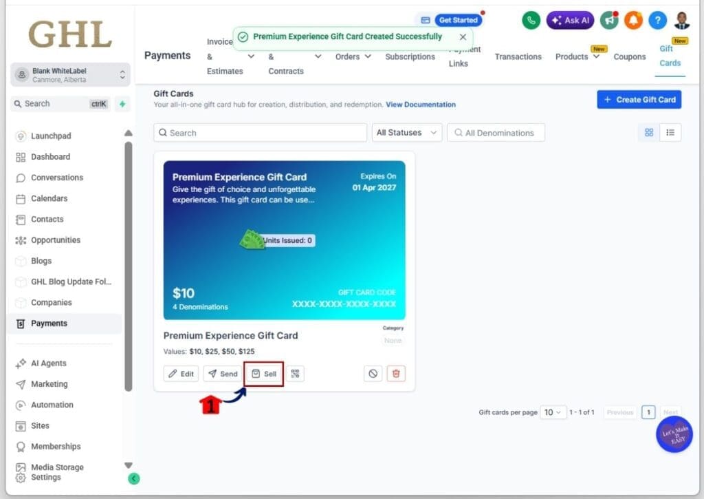 GoHighLevel Sell Gift Cards - Access the Sell Button