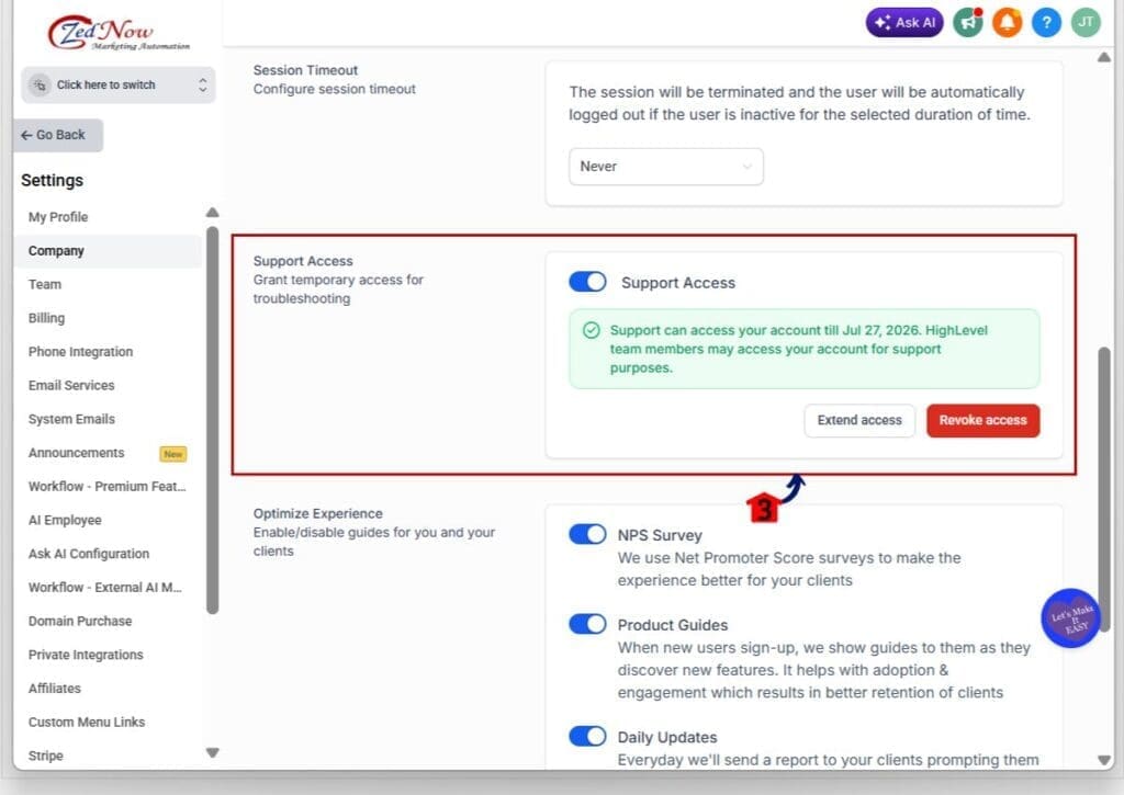 gohighlevel temporary support access
