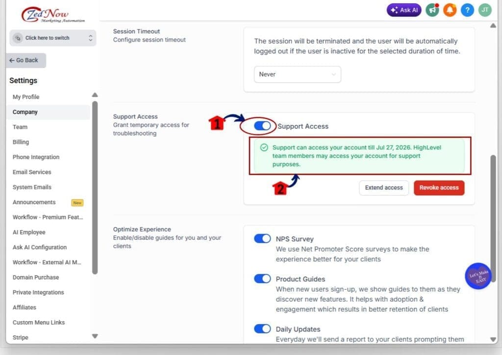 temporary support access - enable