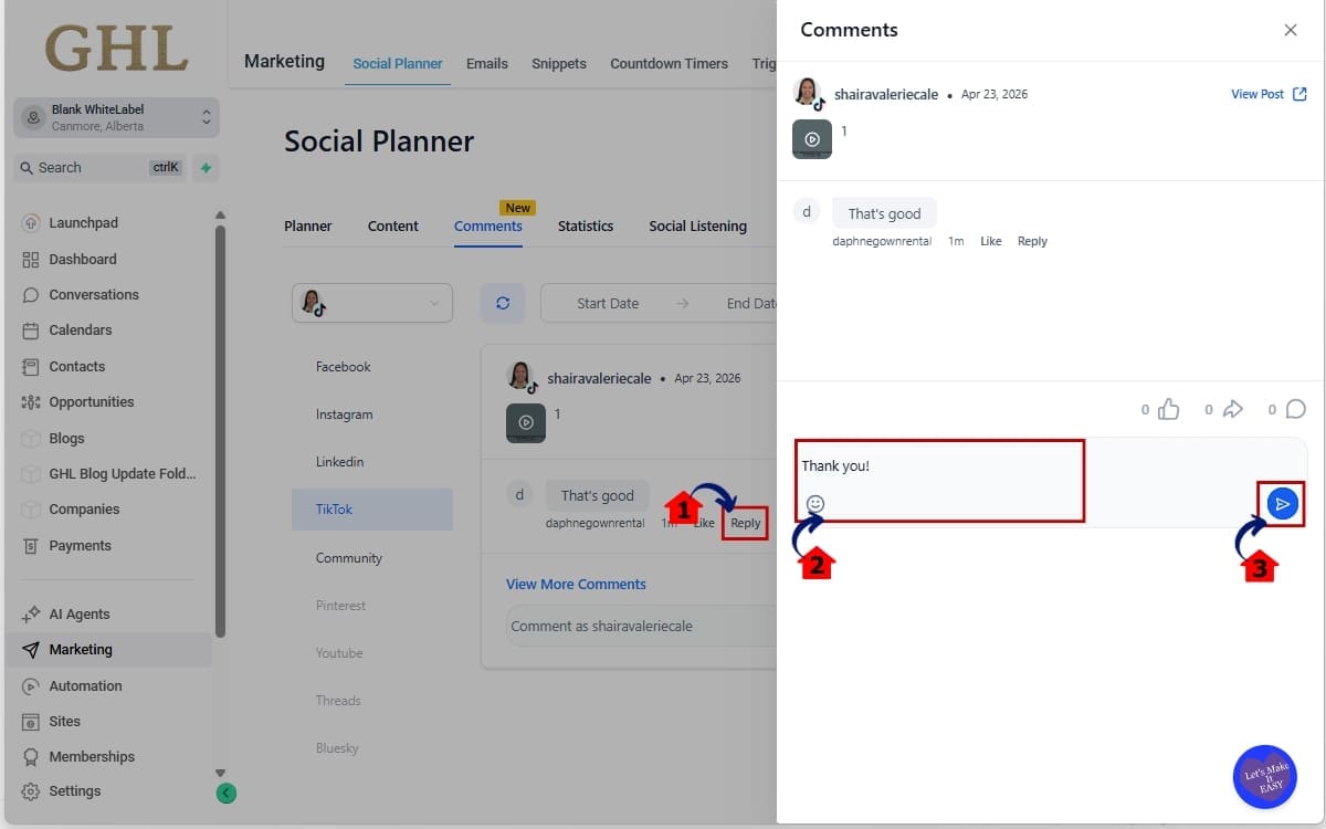 GHL TikTok Comment Management
 - Reply to a TikTok Comment Thru Social Planner