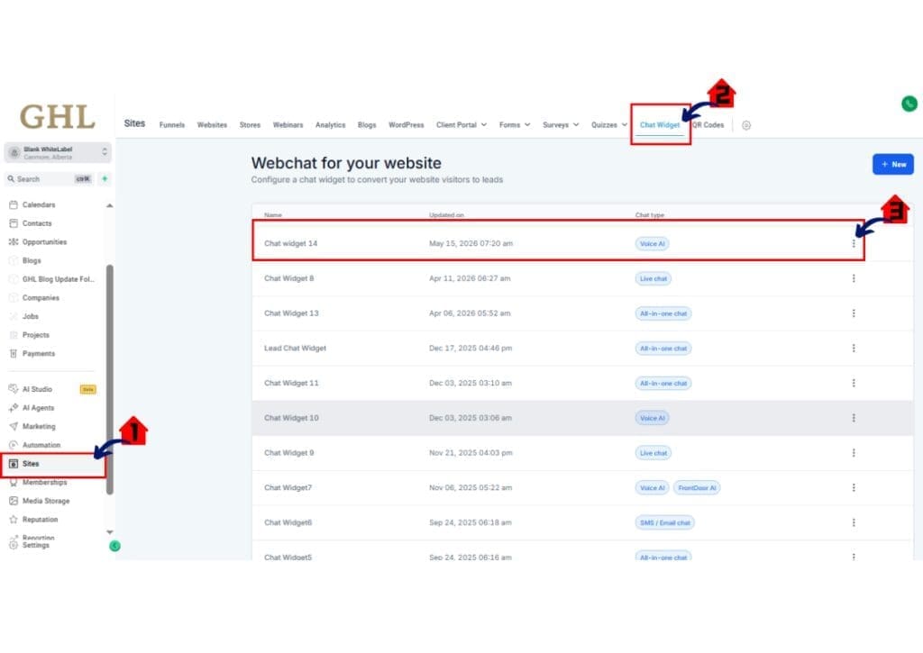 Embedded Voice AI GoHighLevel Sites Chat Widget menu access