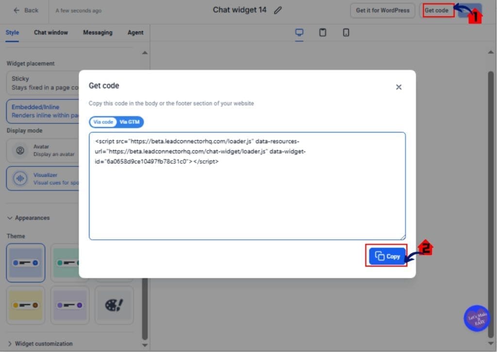Embedded Voice AI custom code element inside GoHighLevel Funnel Builder