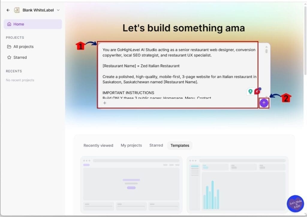 GoHighLevel AI Studio Builder - Type in the Prompt to Generate the Website