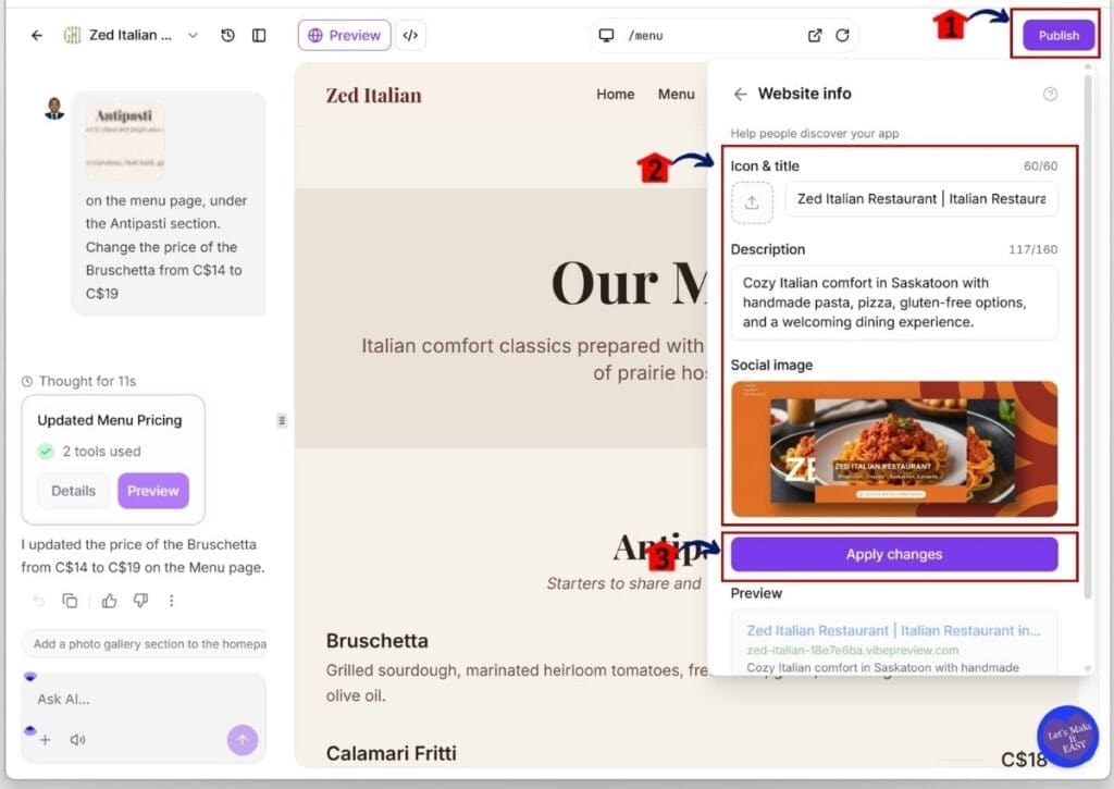 GoHighLevel AI Studio Builder - Review and Apply Changes to SEO and Website Info