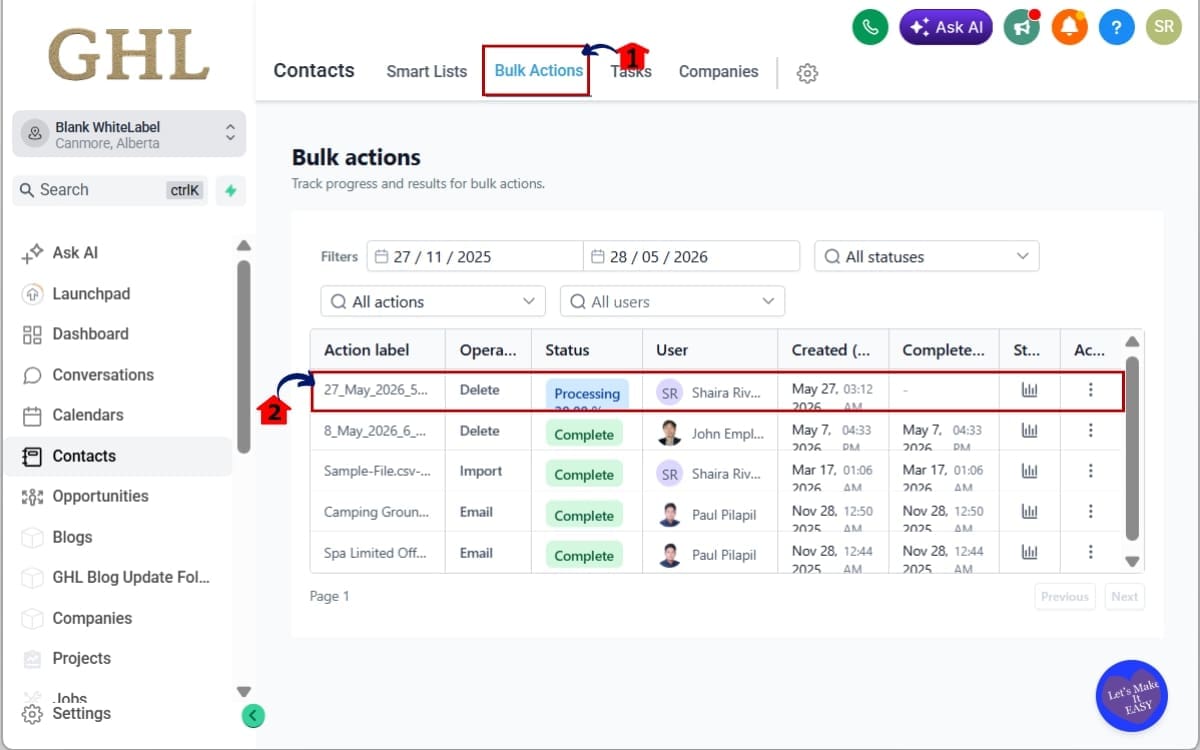 GHL Bulk Delete Records
 - Monitor the Deletion Job in Bulk Action