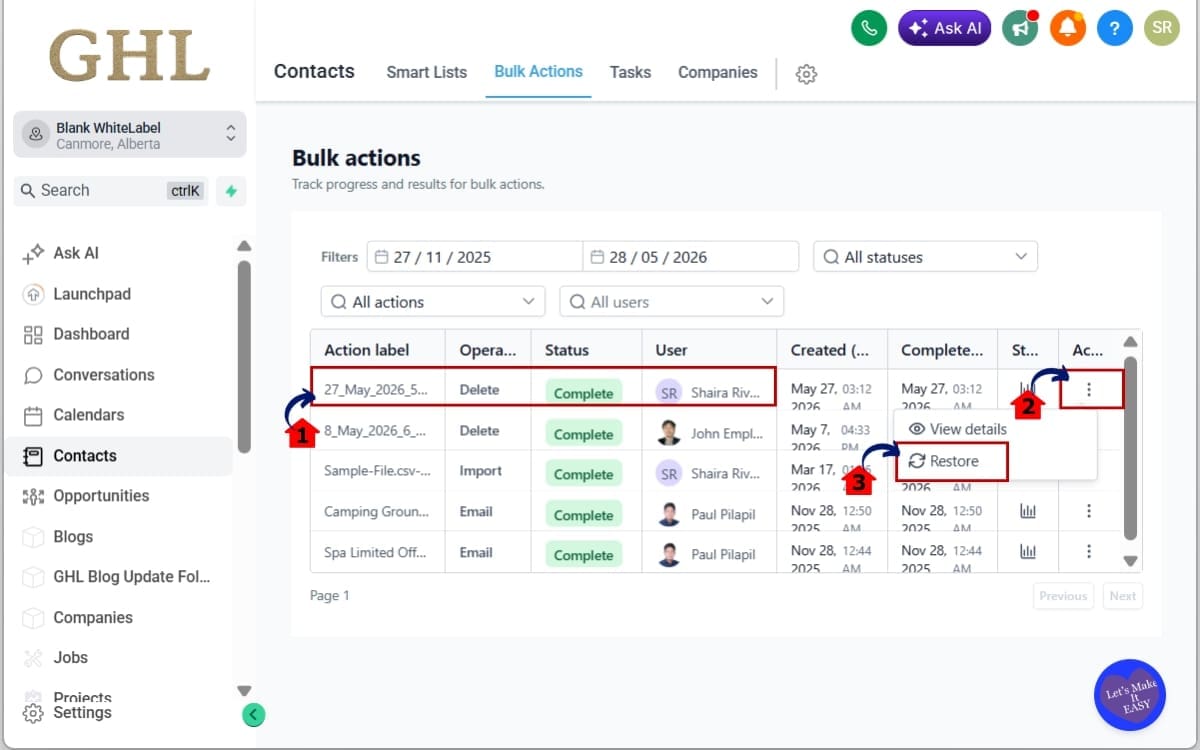 GoHighLevel Bulk Delete Records
 - Restore Deleted Records (If Needed)