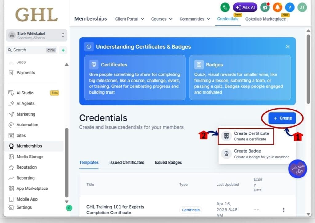 ghl certificate editor shortcuts - start