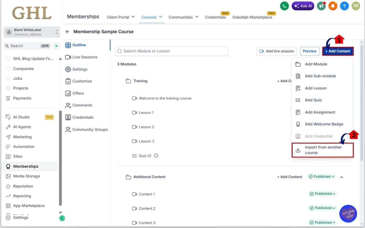 Course Content Import
 - Open the Add Content Menu in the Course