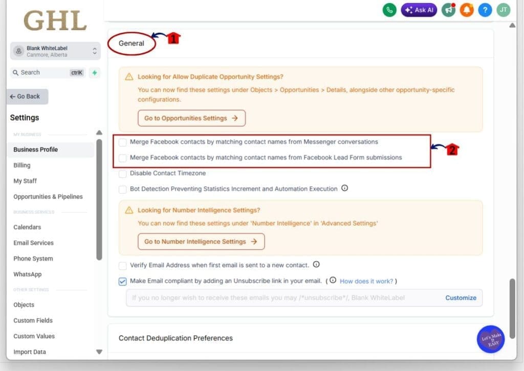 gohighlevel facebook contact merge - turn on