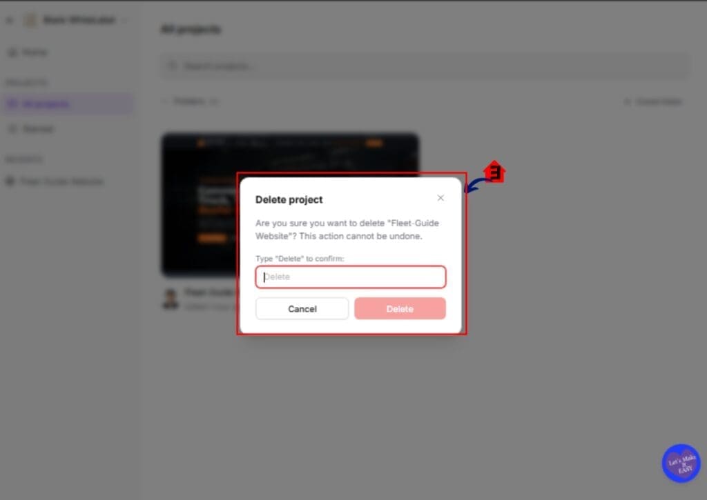 Delete confirmation pop-up in GoHighLevel AI Studio that marks project pages inactive.
