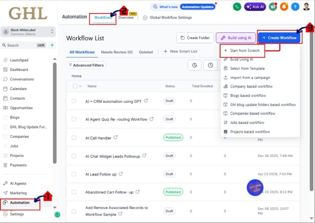 GHL Workflow Builder screen displaying Create Workflow button used to start Web Scraping Automation setup.