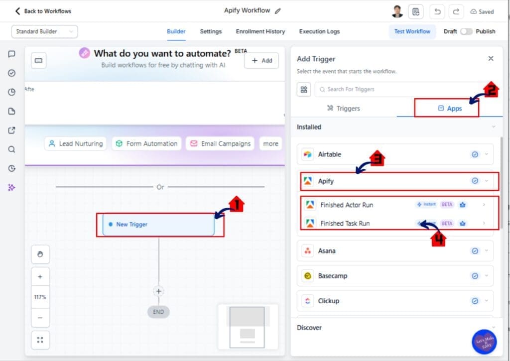 Workflow trigger panel in GoHighLevel showing Apify Finished Actor Run trigger for Web Scraping Automation.