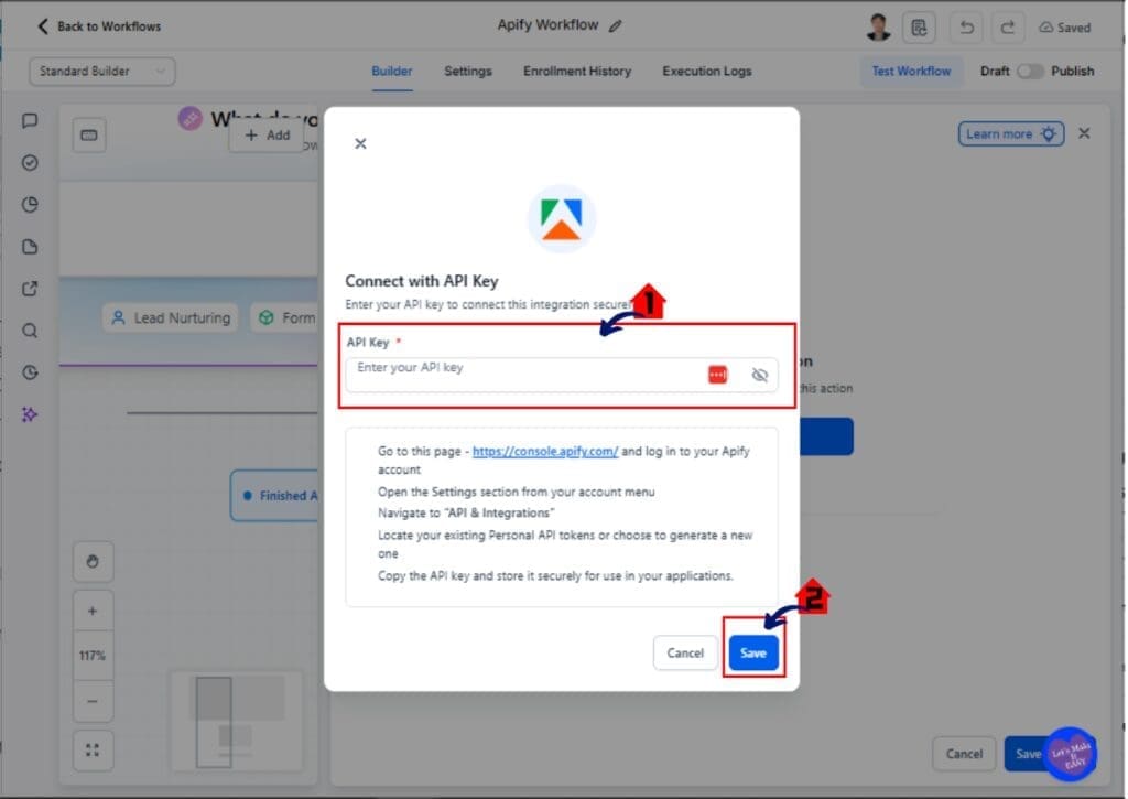 GoHighLevel Settings Integrations page showing Apify API key connection for enabling Web Scraping Automation.