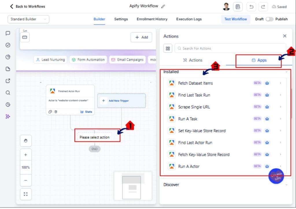 GoHighLevel Add Action panel displaying Apify actions like Run Task, Run Actor, and Scrape Single URL for Web Scraping Automation.