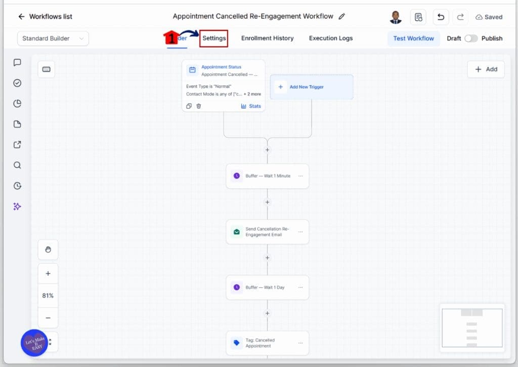 GHL Appointment Cancellation Workflow - Open the Workflow Settings