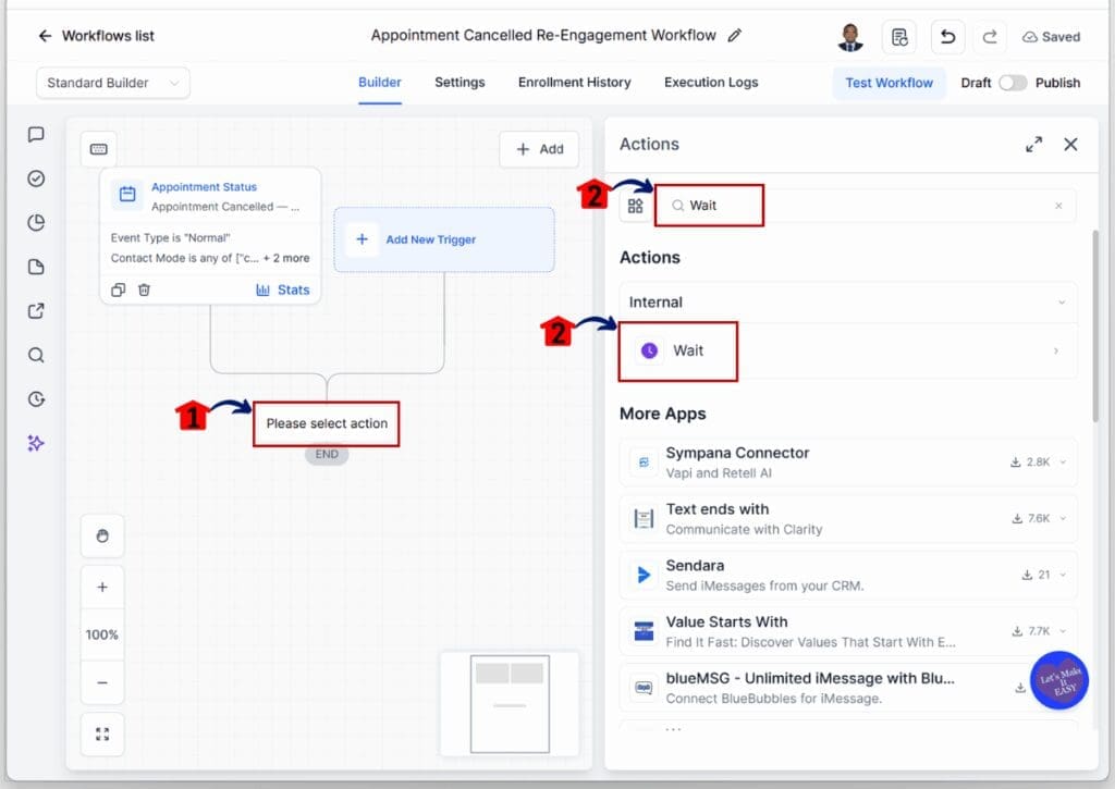Appointment Cancellation Workflow - Add the Wait Action Element