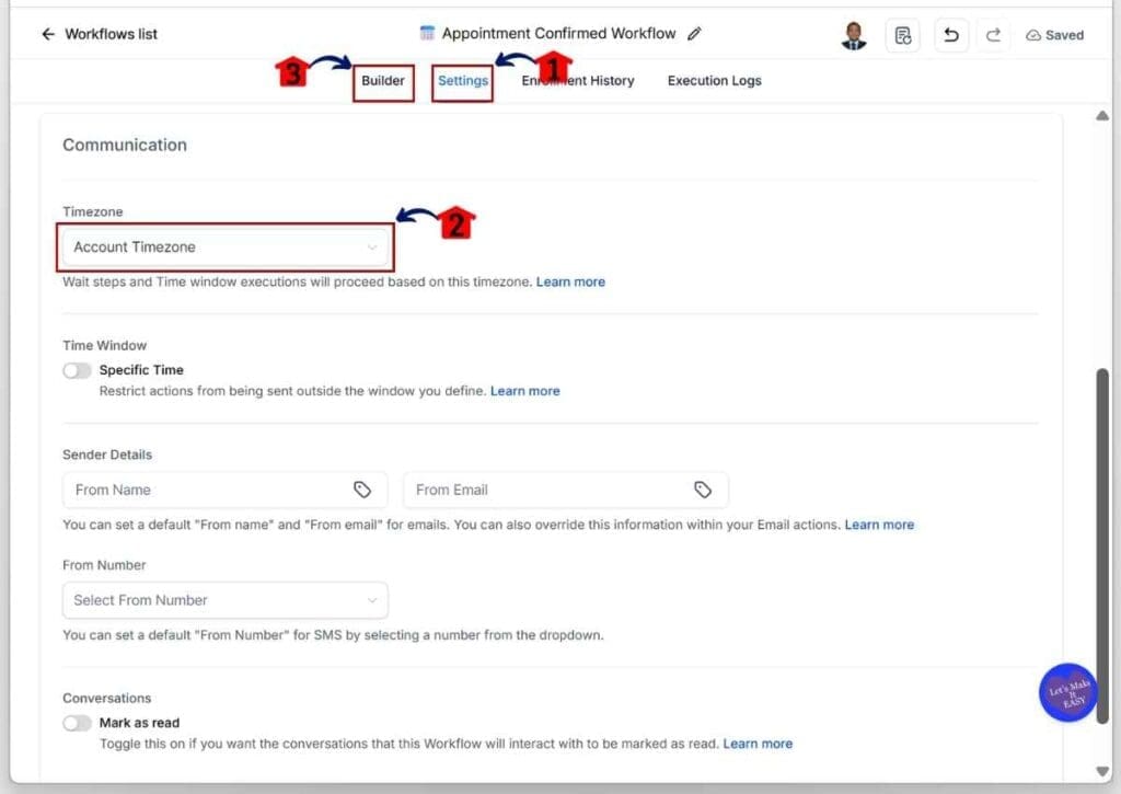 ghl-appointment-intake-form-timezone Appointment Intake Form - Open the Workflow Settings and Set the Contact Timezone