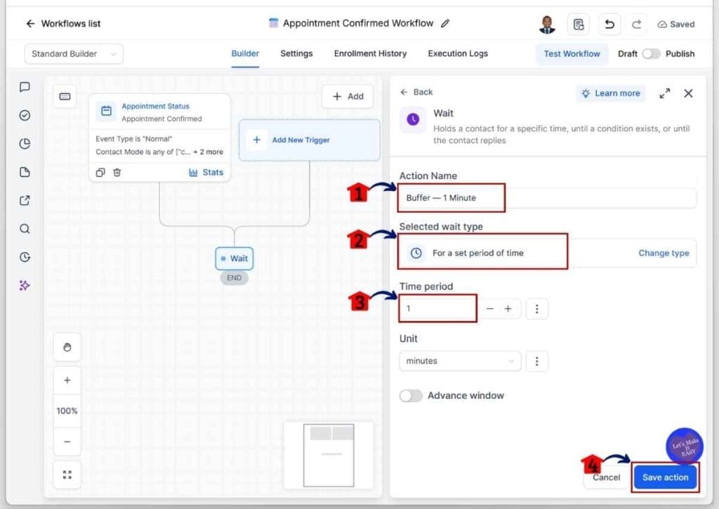 ghl-appointment-intake-form-wait-minute-save GHL Appointment Intake Form - Rename the Wait Action Element and Set the Time Period