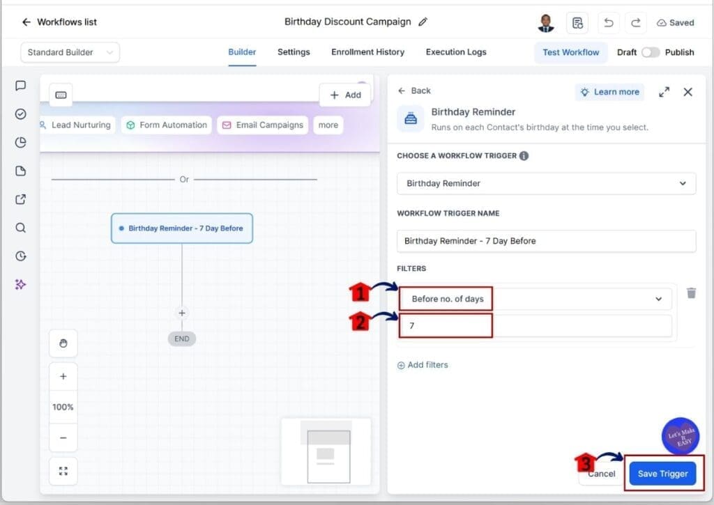 ghl-birthday-email-automation-reminder GHL Birthday Email Automation - Set the Number of Days Before Saving the Trigger