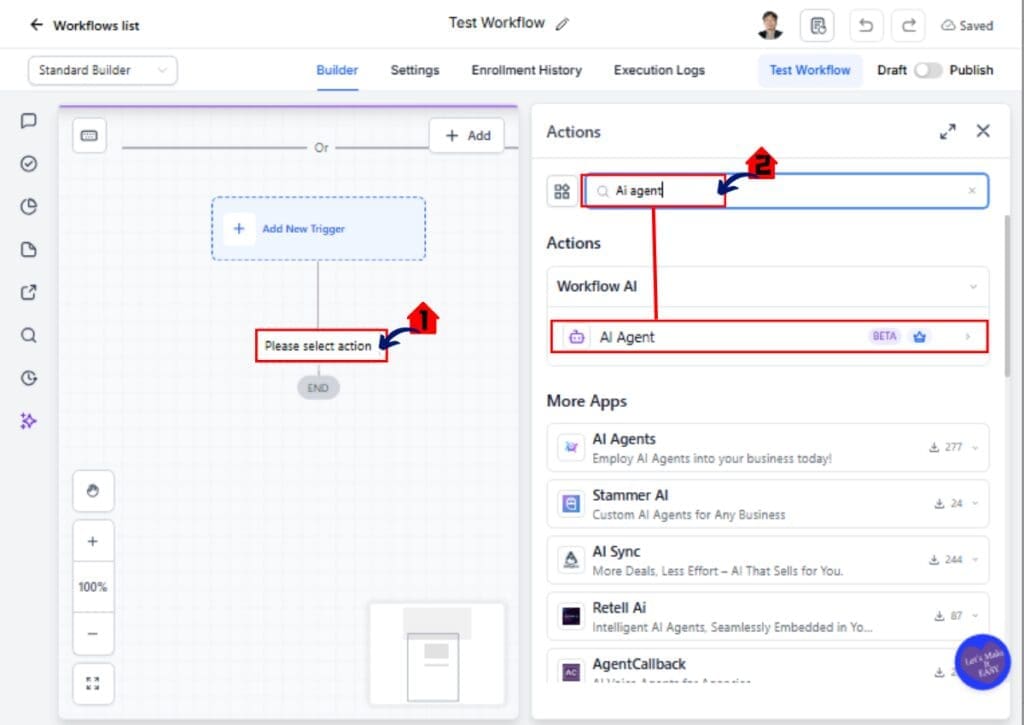 GHL Dynamic Custom Values – Add the AI Agent Action