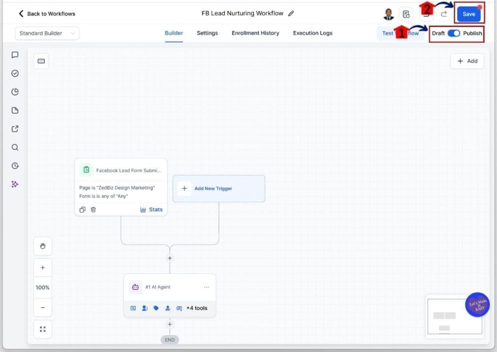 Facebook lead nurturing - Publish and save your workflow
