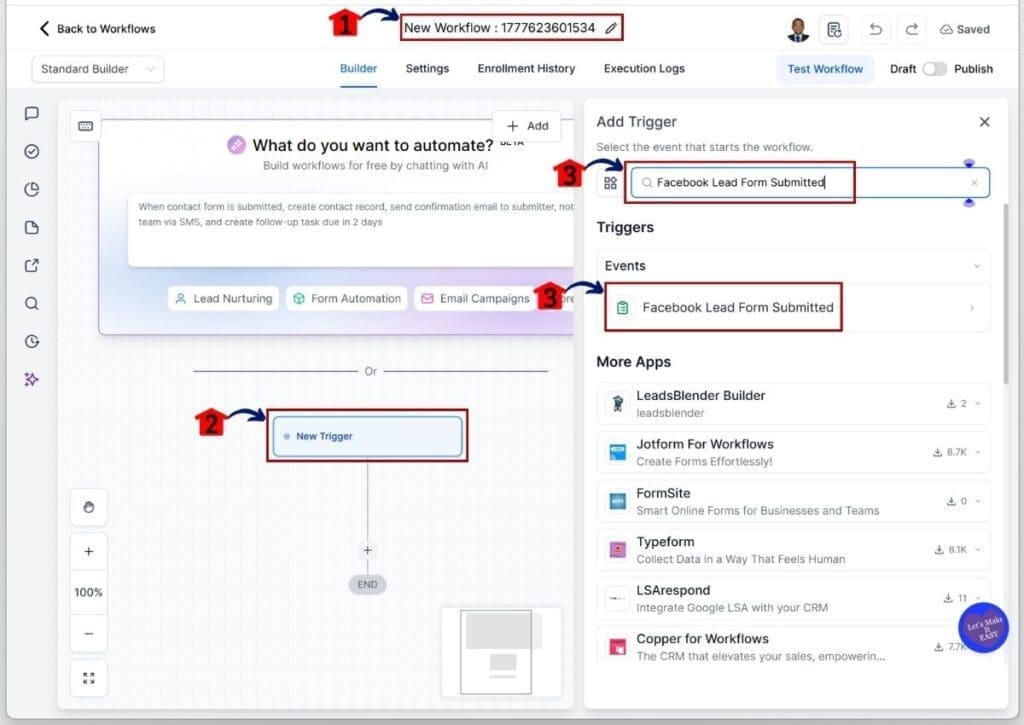 GHL Facebook lead nurturing - Set the Facebook Lead Form Submitted trigger
