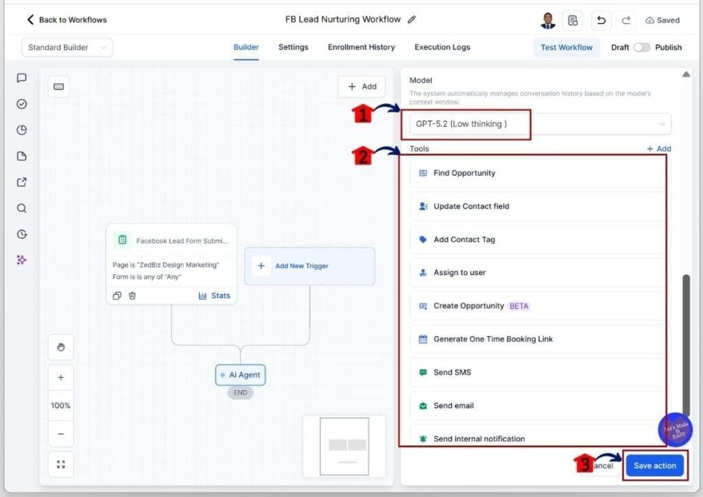 GoHighLevel Facebook lead nurturing - Choose GPT model and tools