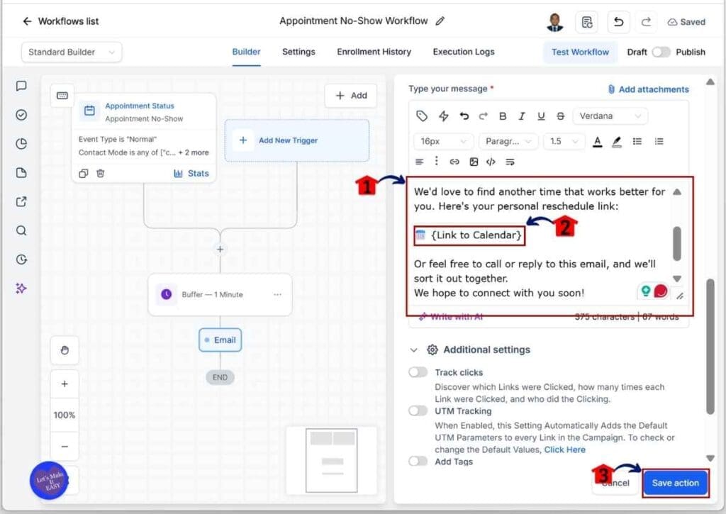GHL No-Show Recovery - Add the Email Body and Insert your Booking Calendar Link Custom Value