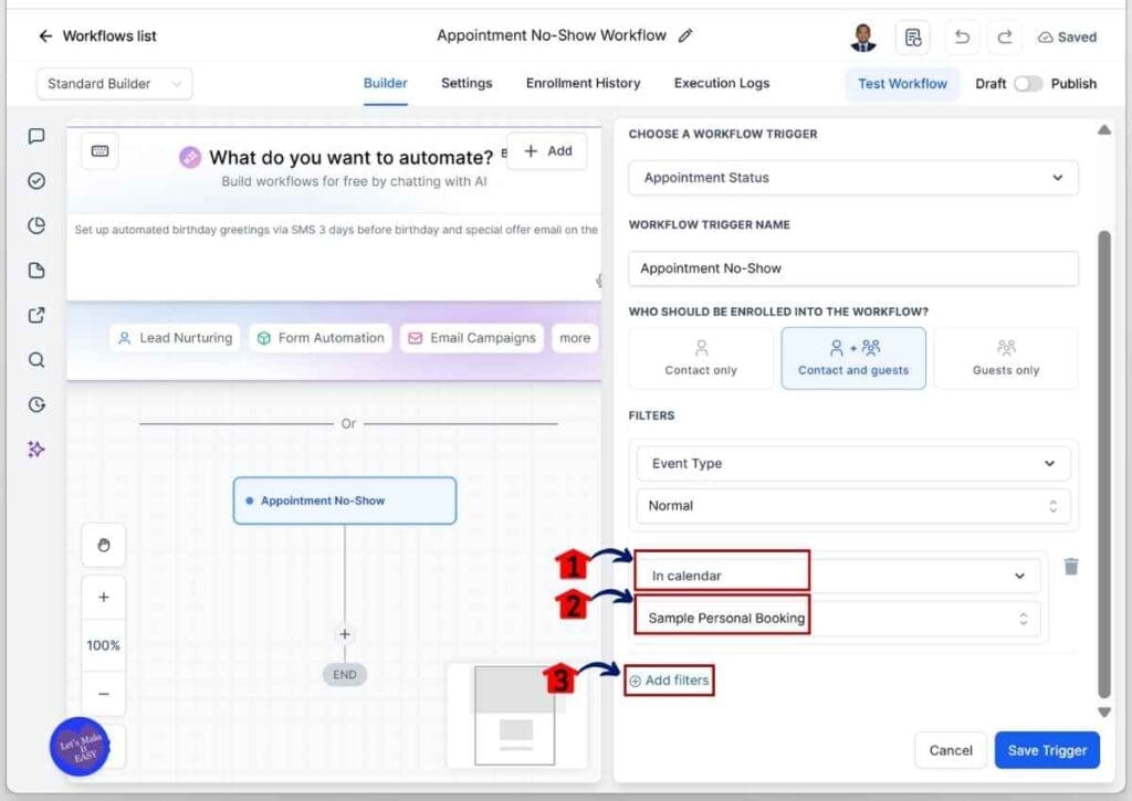 No-Show Recovery - Set the Booking Calendar Before Adding the Second Filter