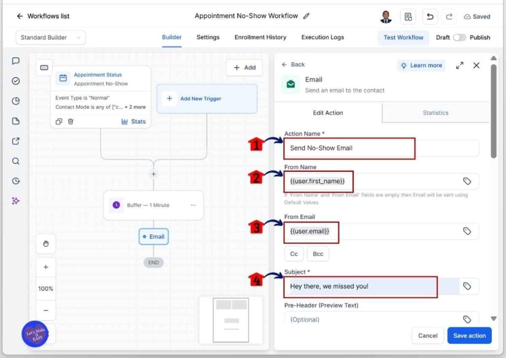 No-Show Recovery - Set the Sender Name, Email Address, and Subject Line