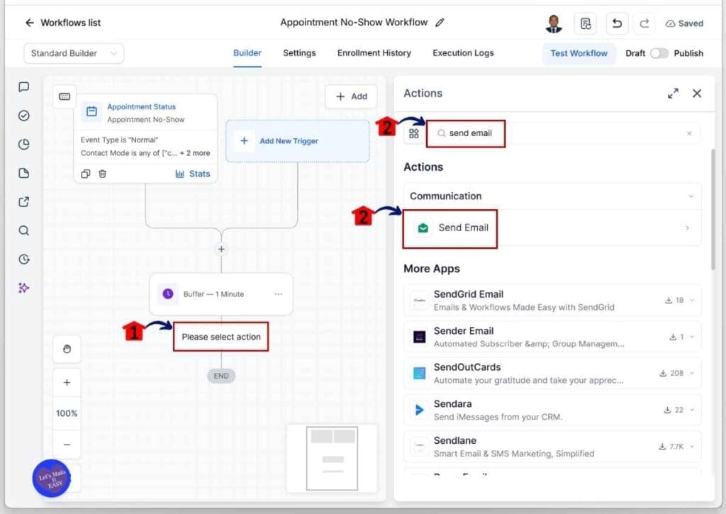 GoHighLevel No-Show Recovery - Search for and Add the Send Email Action Element