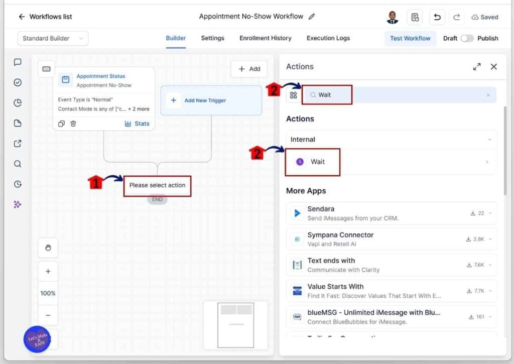 GoHighLevel No-Show Recovery - Search for and Add the Wait Action Element