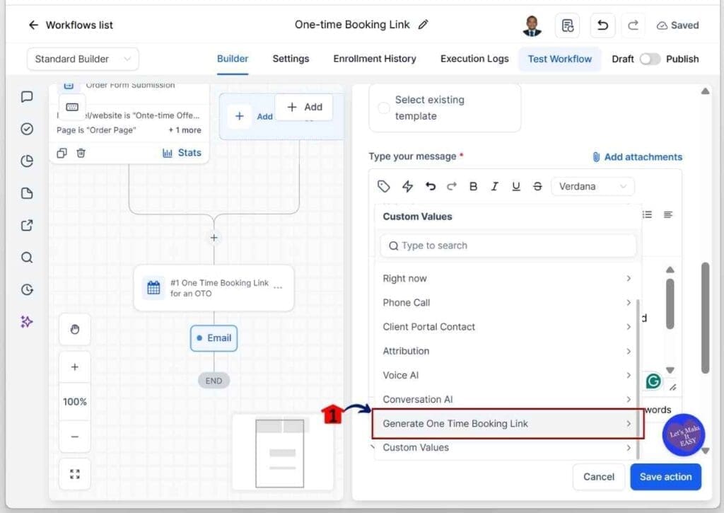 One-Time Booking Link - Select the Generate One-Time Booking Link Custom Value