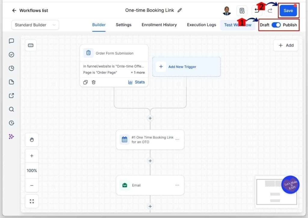 One-Time Booking Link - Publish and Save Your Workflow