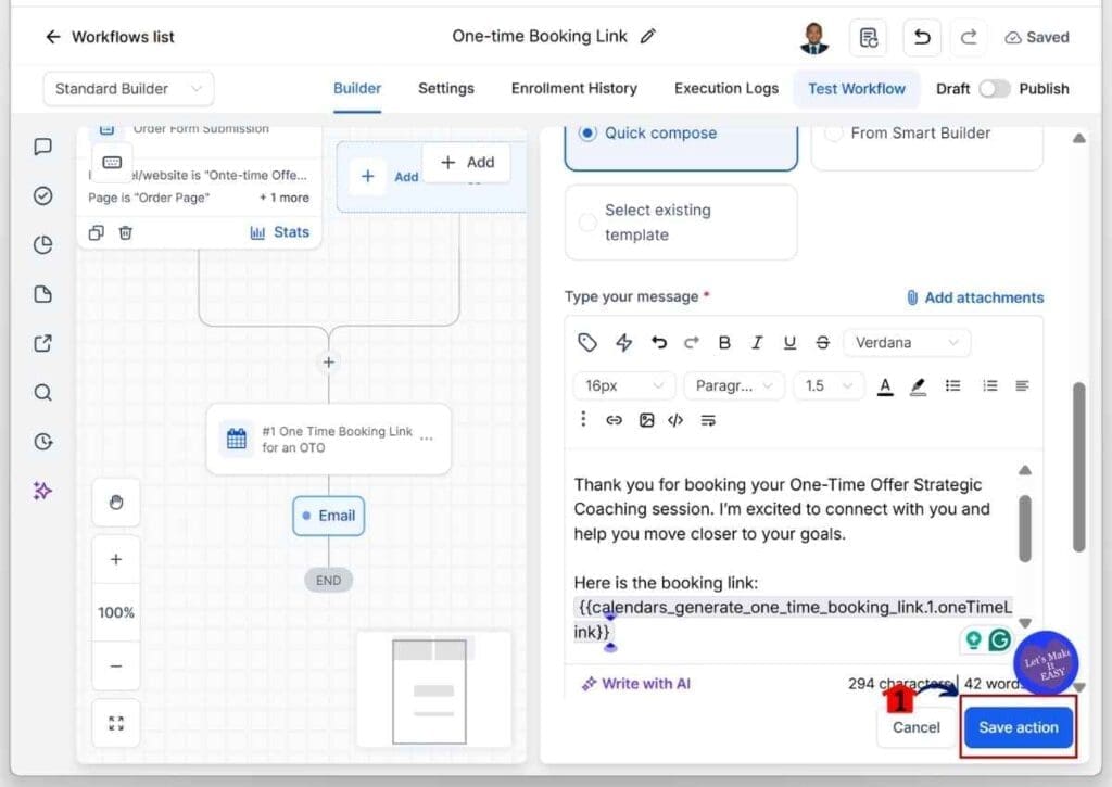 GoHighLevel One-Time Booking Link - Save the Send Email Action