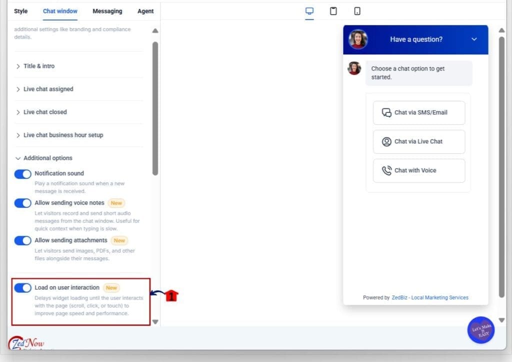 gohighlevel lazy load chat - toggle on