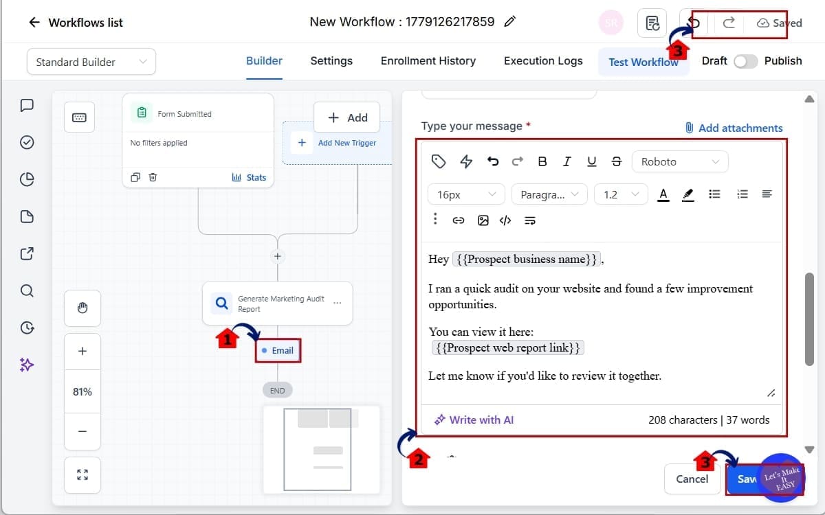 GHL Marketing Audit Automation
 - Insert Custom Values into Email in Workflow