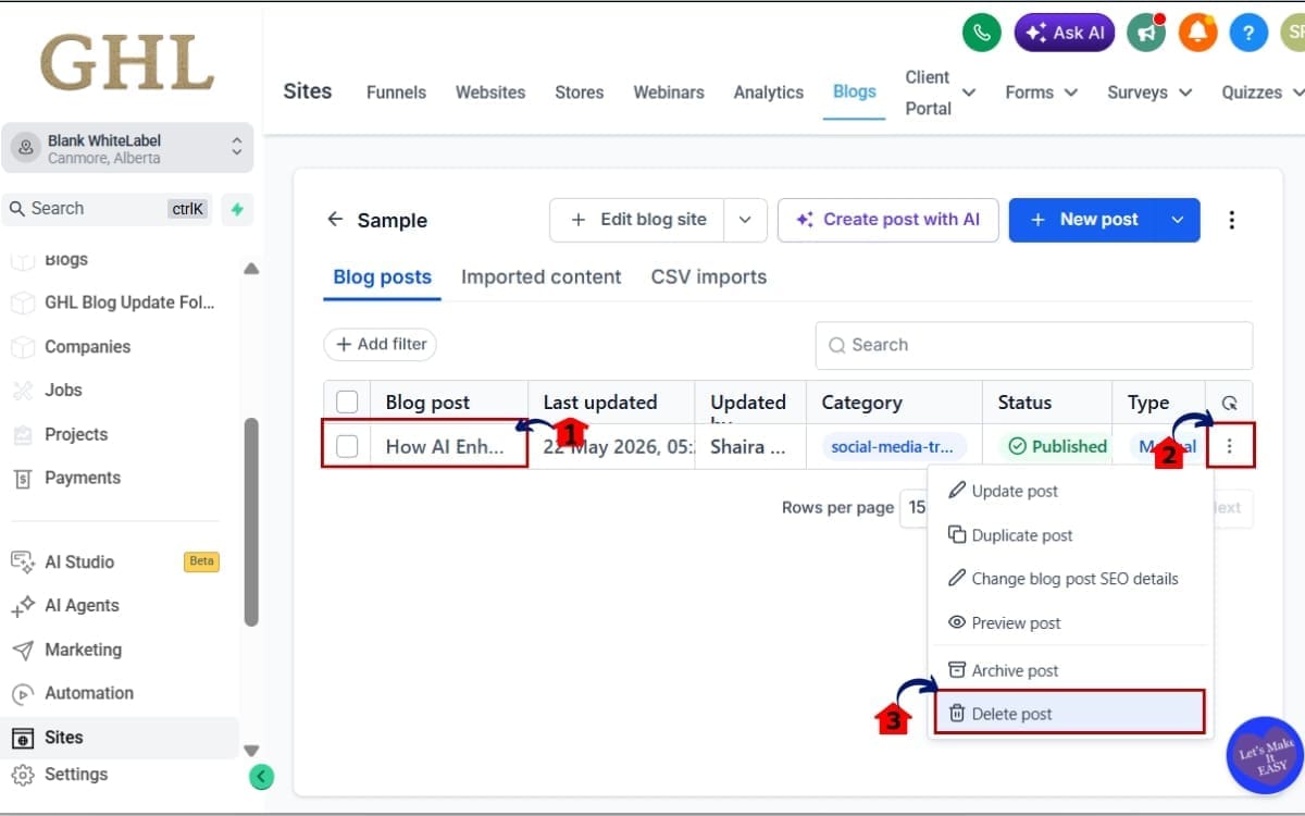 Recover Deleted Blog
 - Choose and Delete a Blog Post in GHL