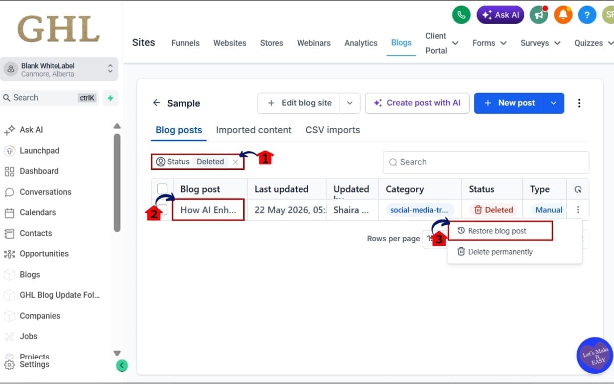 GHL Recover Deleted Blog
 - Access the Deleted Filter in Blogs Section
