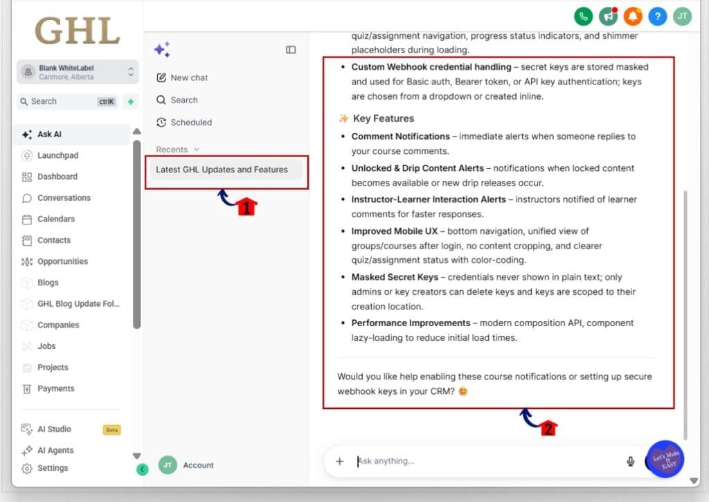 ghl ask ai history - review