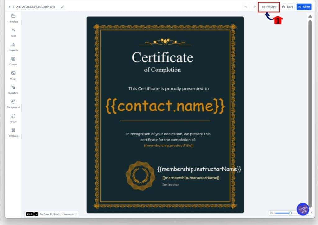 gohighlevel certificate downloads - preview