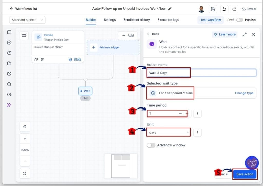 ghl-automated-invoice-reminders-wait-3-days GHL Automated Invoice Reminders - Rename the Wait Action Element and Set the Time Period