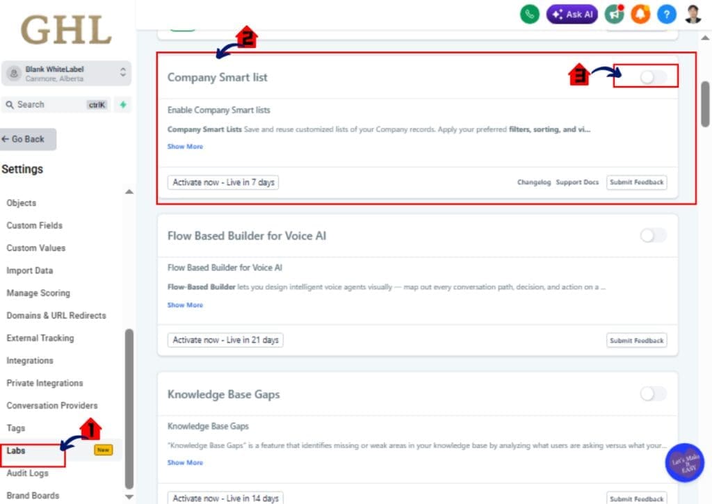 ghl-company-smartlist-01 Turn on Company Smart Lists in GHL Labs section