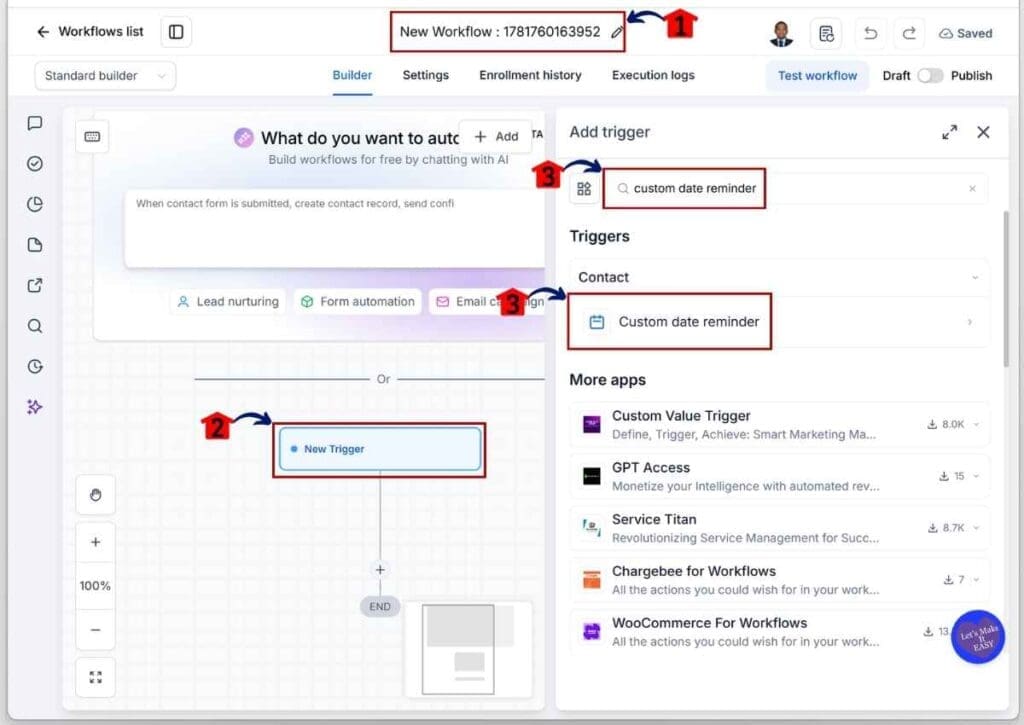 GoHighLevel Contract Renewal Reminders - Set the Custom Date Reminder Trigger After Renaming Your Workflow
