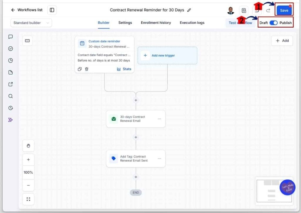 GoHighLevel Contract Renewal Reminders - Publish and Save Your Workflow