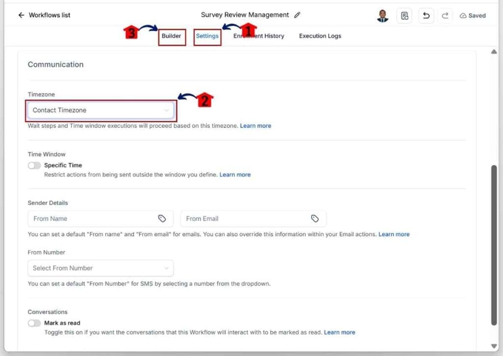 GHL Customer Review Automation - Open the Workflow Settings and Set the Contact Timezone